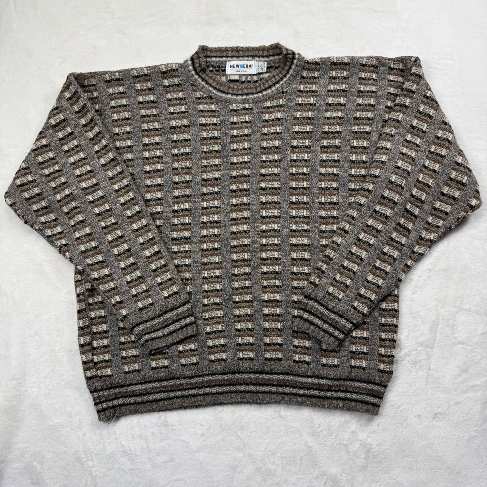 Vintage New Era Mens Brown Grey Geometric Knit Crewneck Sweater Made in USA L